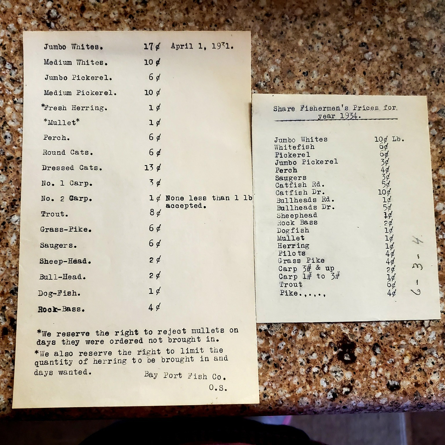 Historic Wholesale Commercial Fishing Pricelists from 1931 and 1934.